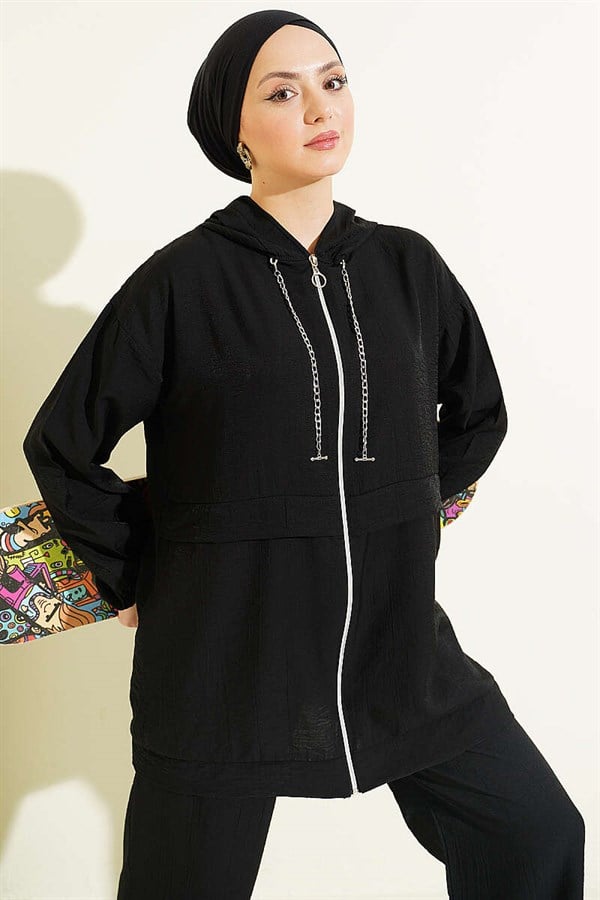 Chain Cord Detail Zippered 2 Piece Set, Black