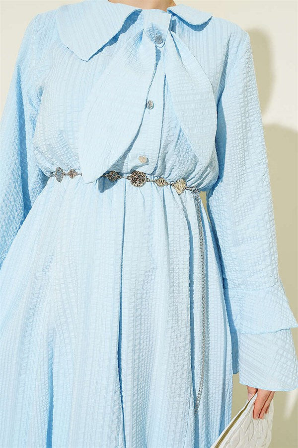 Chain Belted Ruffle Ankle Waffle Dress Ice Blue