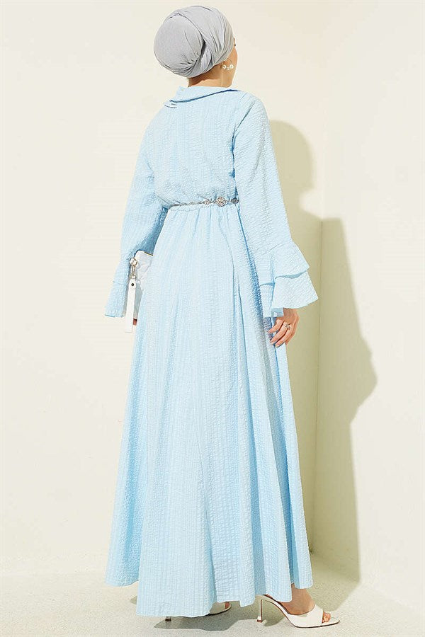 Chain Belted Ruffle Ankle Waffle Dress Ice Blue