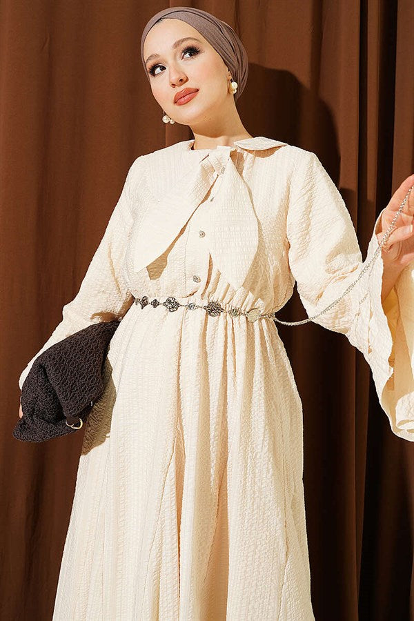 Chain Belted Ruffled Ankle Waffle Dress with Stones
