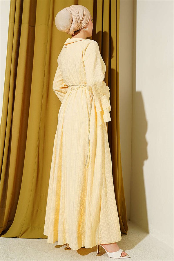 Chain Belted Ruffled Ankle Waffle Dress Yellow