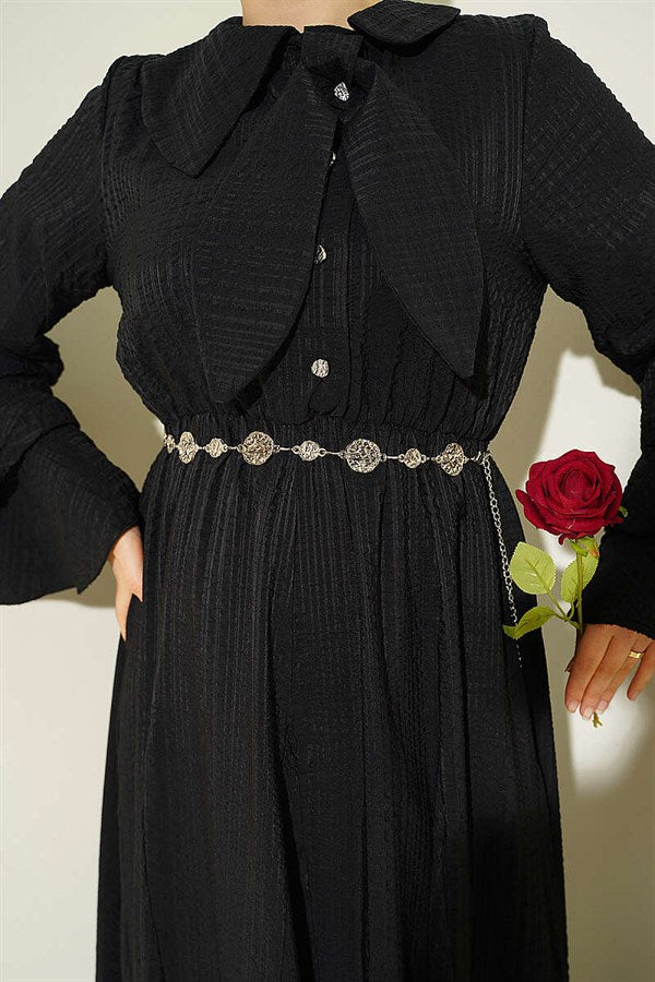 Chain Belted Ruffled Ankle Waffle Dress Black