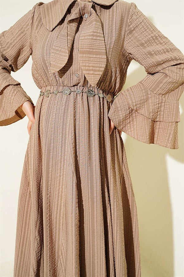 Chain Belted Ruffled Ankle Waffle Dress Beige