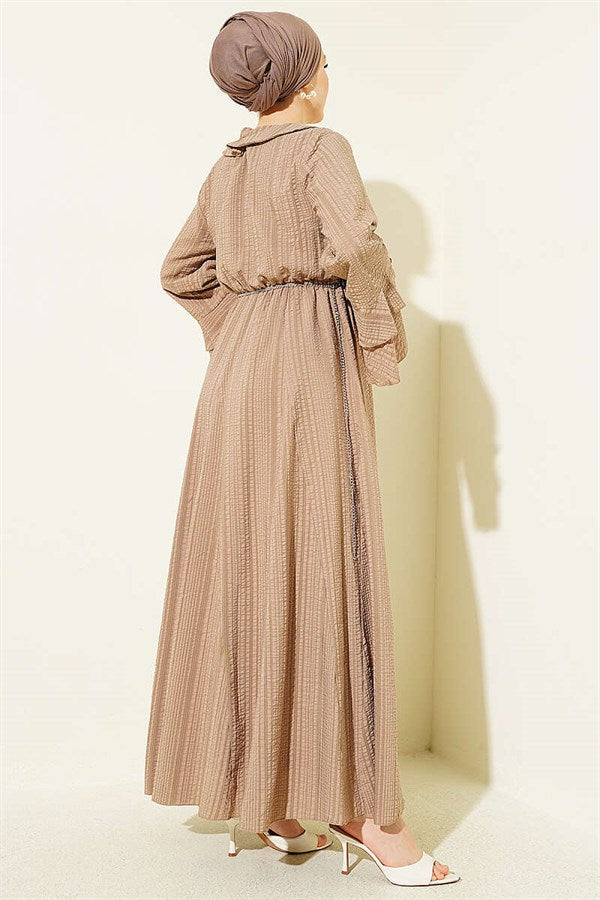 Chain Belted Ruffled Ankle Waffle Dress Beige