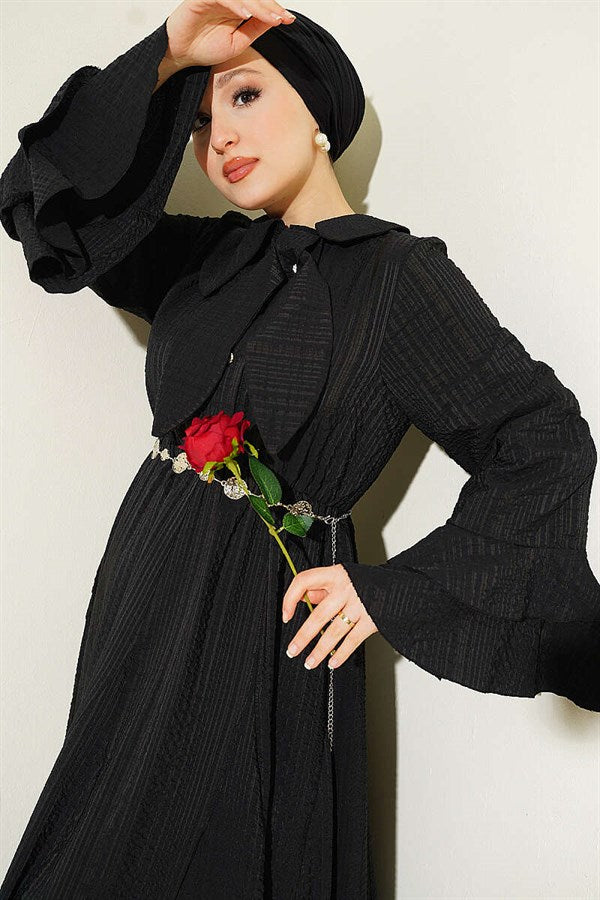 Chain Belted Ruffled Ankle Waffle Dress Black