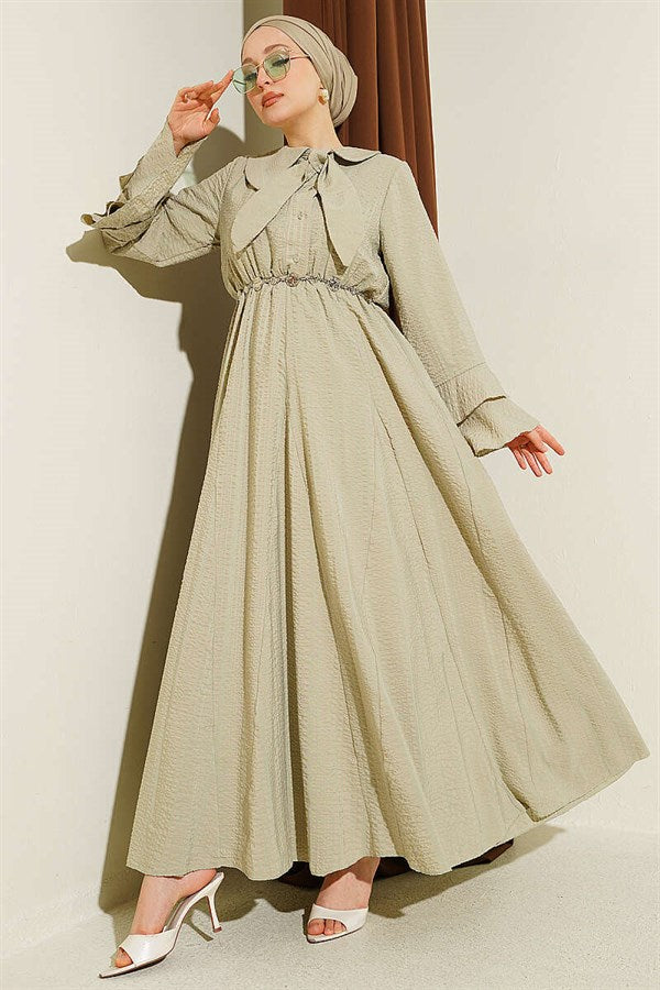 Chain Belted Ruffled Ankle Waffle Dress in Light Green