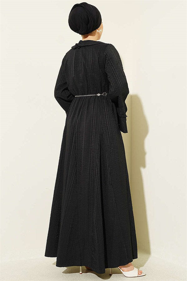 Chain Belted Ruffled Ankle Waffle Dress Black