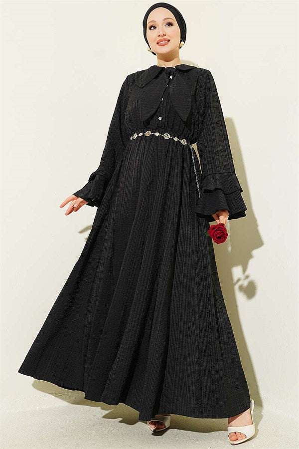 Chain Belted Ruffled Ankle Waffle Dress Black