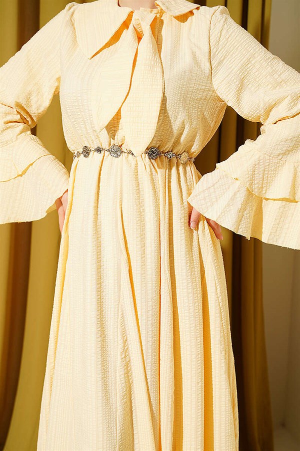 Chain Belted Ruffled Ankle Waffle Dress Yellow