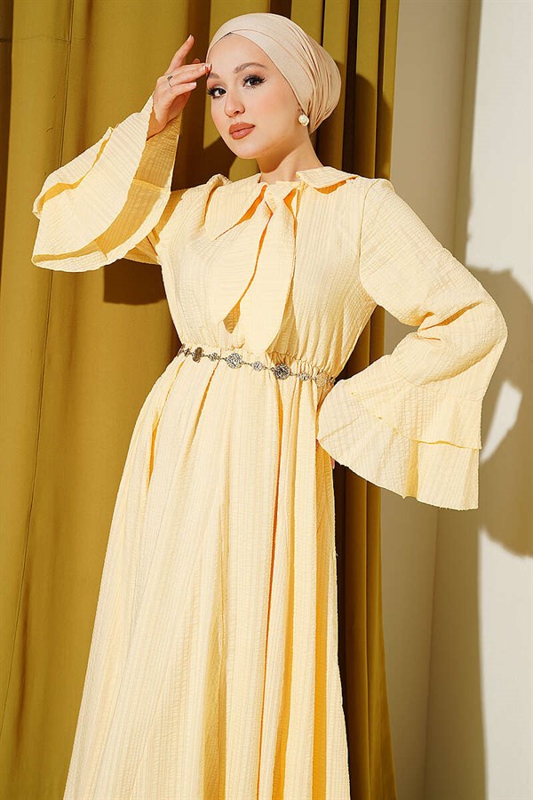 Chain Belted Ruffled Ankle Waffle Dress Yellow
