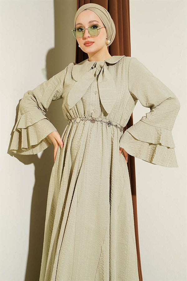 Chain Belted Ruffled Ankle Waffle Dress in Light Green