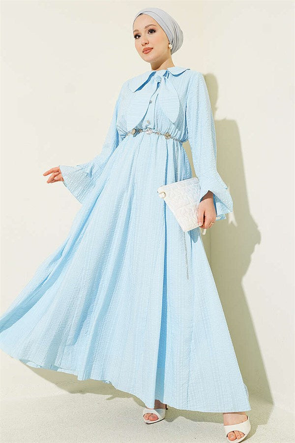 Chain Belted Ruffle Ankle Waffle Dress Ice Blue