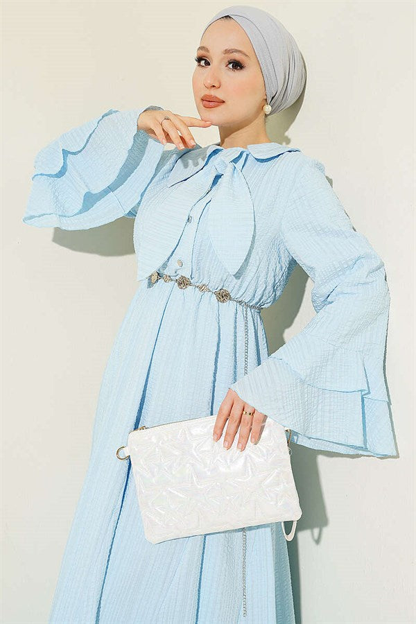Chain Belted Ruffle Ankle Waffle Dress Ice Blue