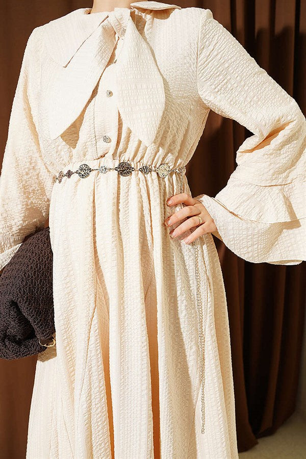 Chain Belted Ruffled Ankle Waffle Dress with Stones