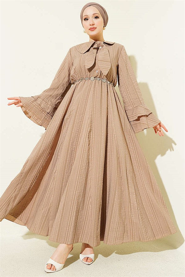 Chain Belted Ruffled Ankle Waffle Dress Beige