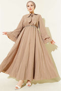 Chain Belted Ruffled Ankle Waffle Dress Beige