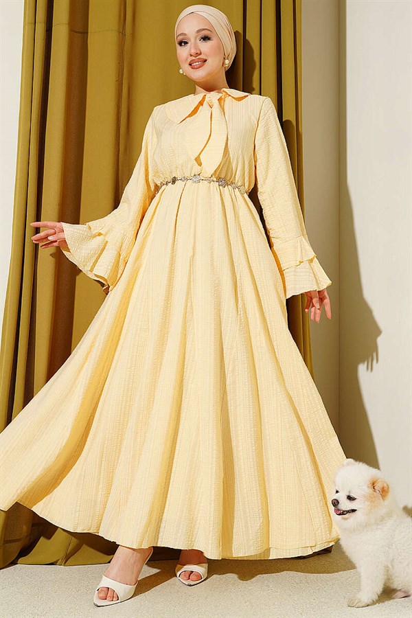 Chain Belted Ruffled Ankle Waffle Dress Yellow
