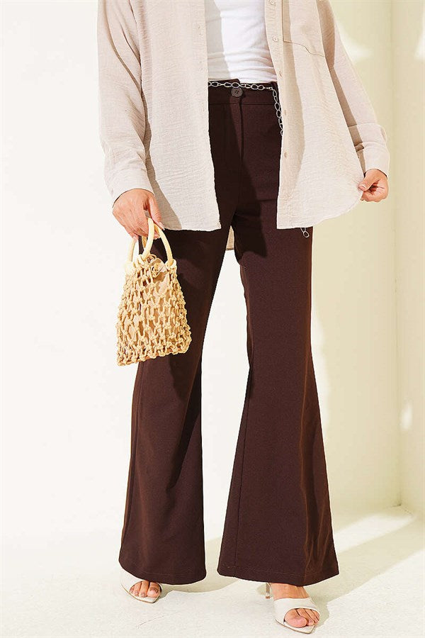 Chain Belted Spanish Flare Trousers, Brown