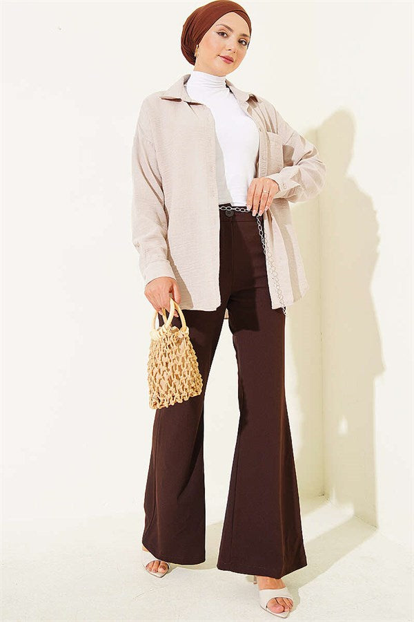 Chain Belted Spanish Flare Trousers, Brown