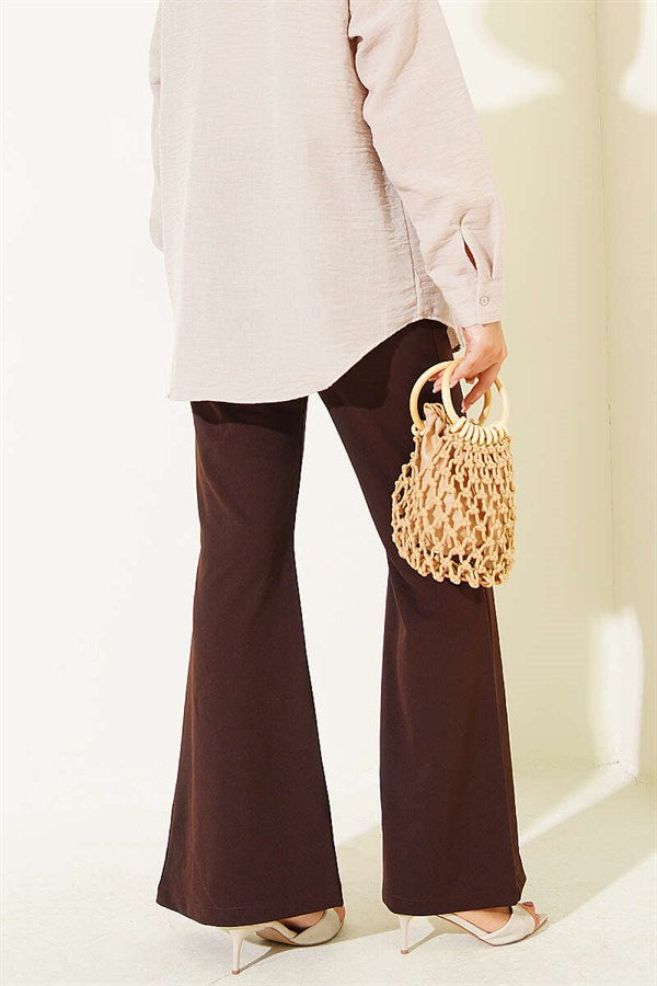 Chain Belted Spanish Flare Trousers, Brown