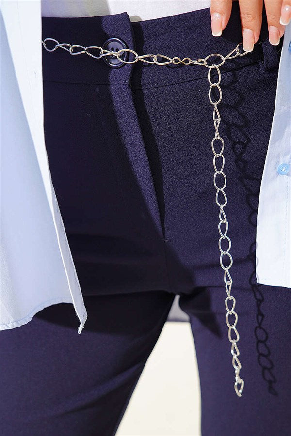 Navy Blue Spanish-style Wide-Leg Trousers with Chain Belt