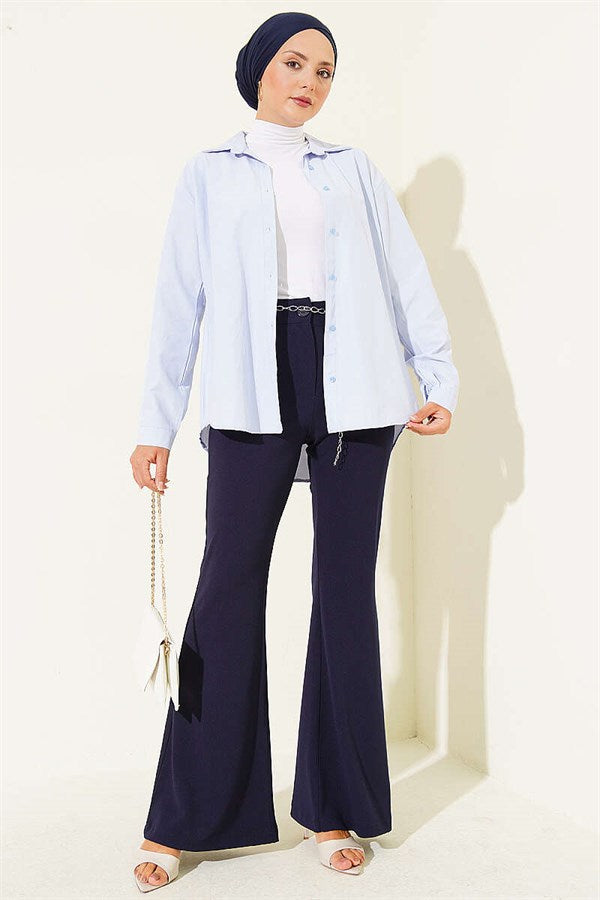 Navy Blue Spanish-style Wide-Leg Trousers with Chain Belt