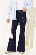 Navy Blue Spanish-style Wide-Leg Trousers with Chain Belt