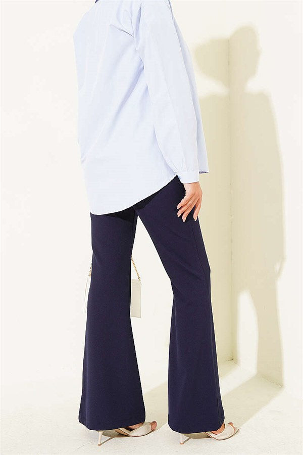 Navy Blue Spanish-style Wide-Leg Trousers with Chain Belt
