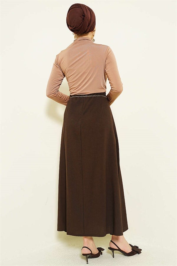 Chain Belt Pleated Skirt Coffee