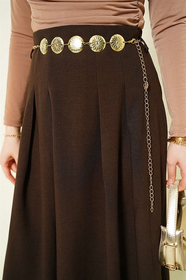 Chain Belt Pleated Skirt Coffee