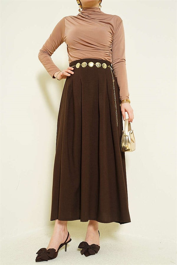 Chain Belt Pleated Skirt Coffee