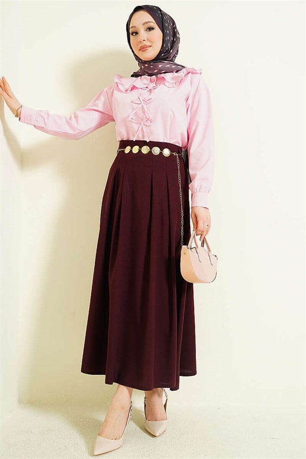 Chain Belt Pleated Skirt, Plum