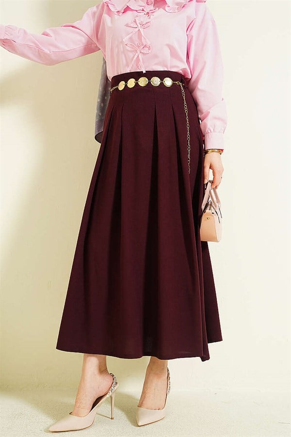 Chain Belt Pleated Skirt, Plum