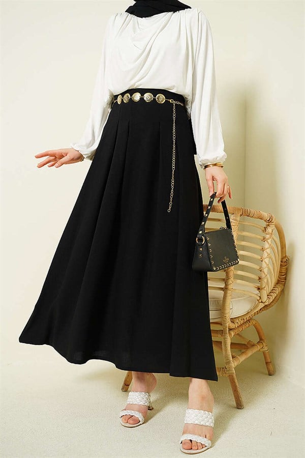 Chain Belt Pleated Skirt Black