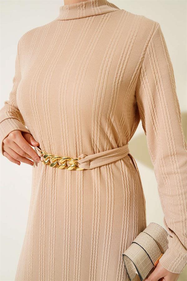 Chain Belted Corduroy Dress Beige
