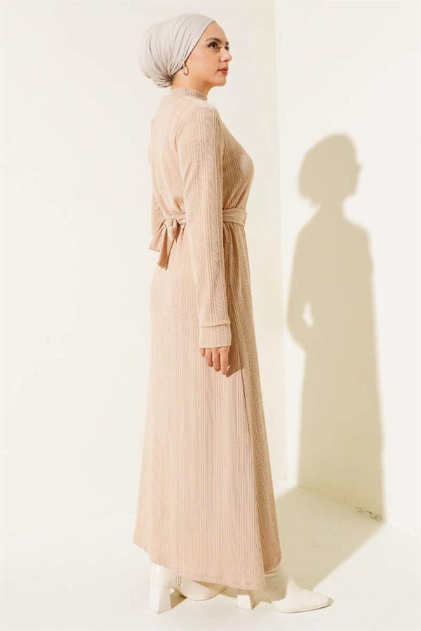 Chain Belted Corduroy Dress Beige