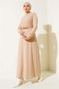 Chain Belted Corduroy Dress Beige