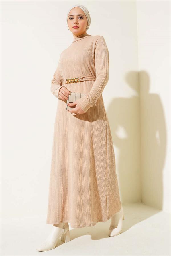 Chain Belted Corduroy Dress Beige