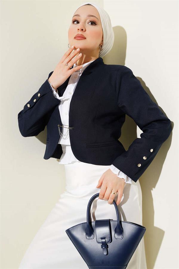 Chain and Safety Pin Short Jacket Navy Blue