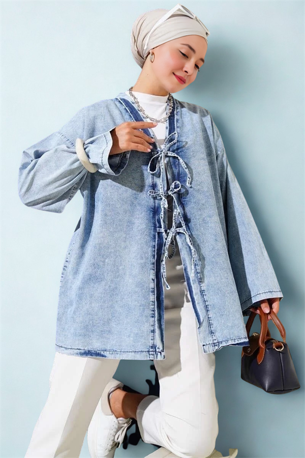 Denim Kimono with Rope Front and Medium Blue