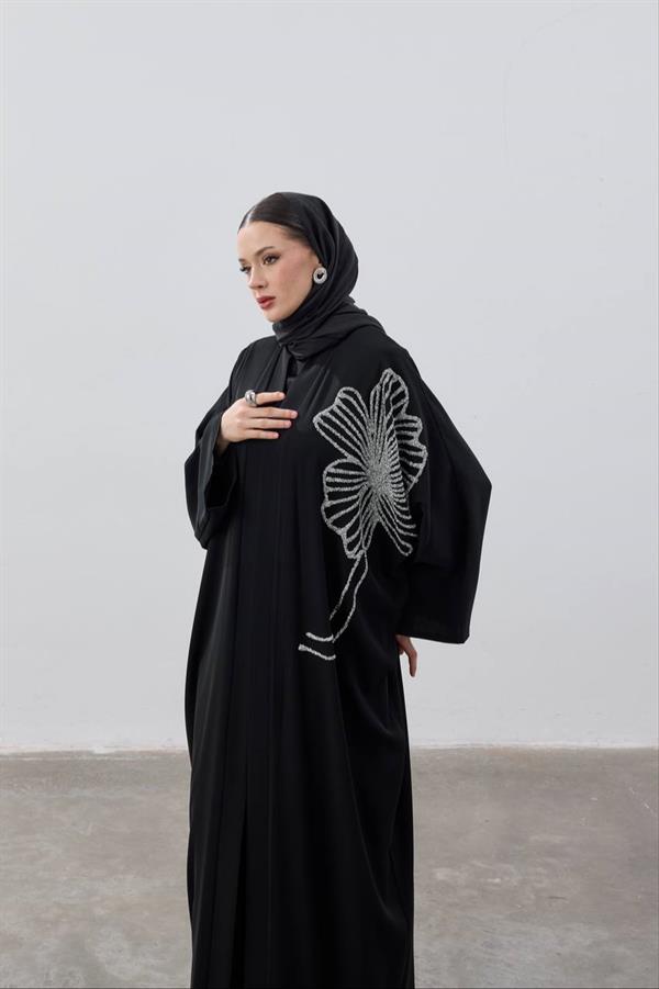 Flower Designed Premium Abaya Black