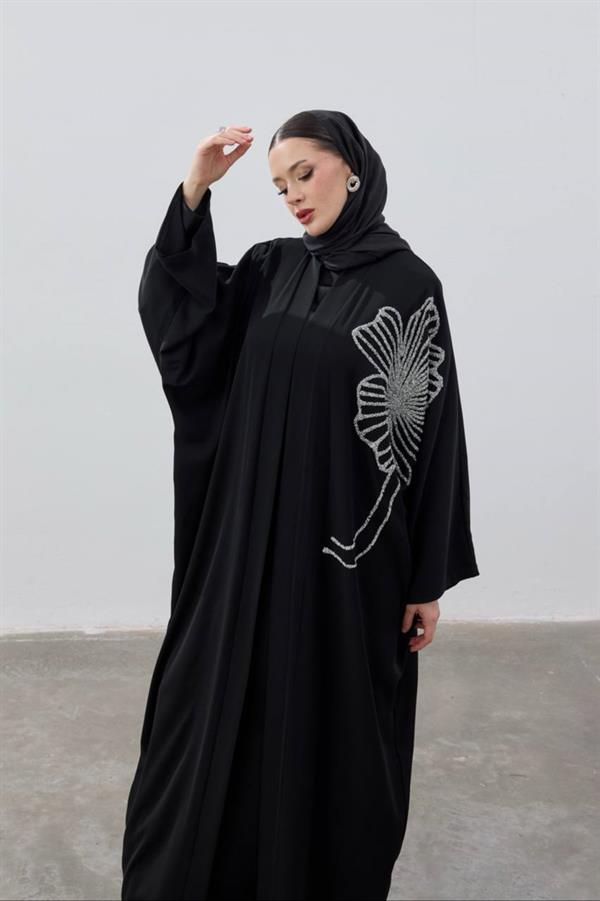 Flower Designed Premium Abaya Black