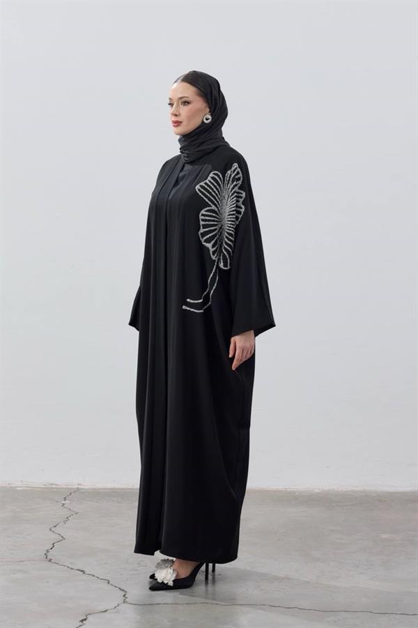 Flower Designed Premium Abaya Black