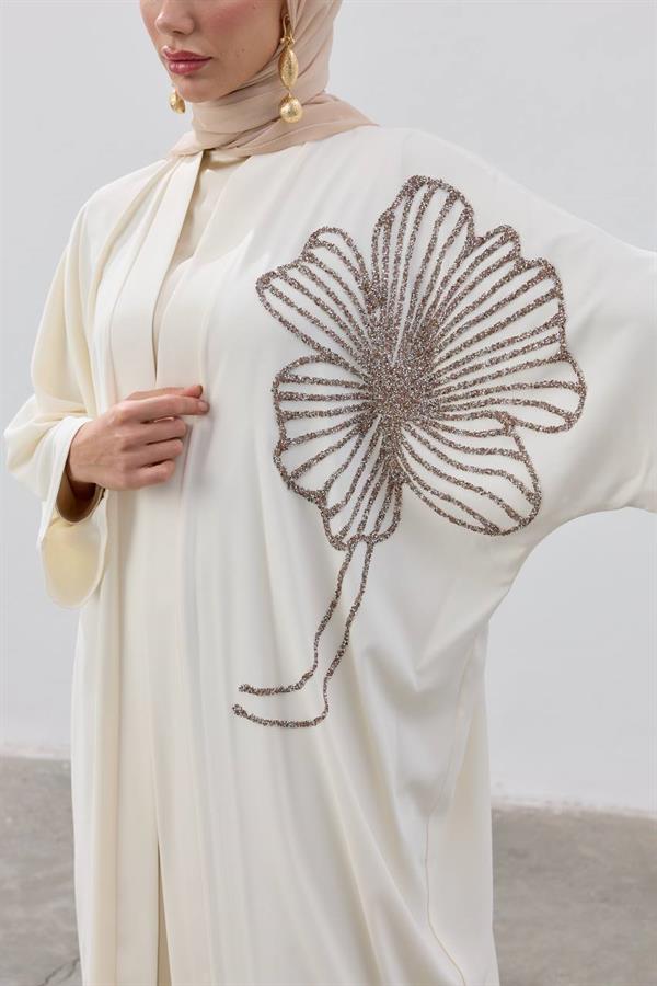 Flower Designed Premium Abaya Ecru