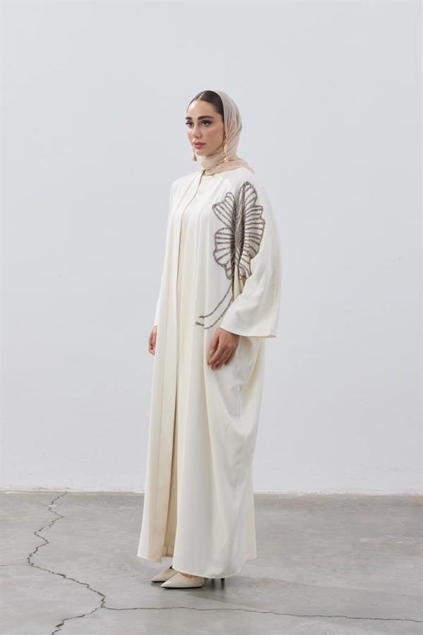 Flower Designed Premium Abaya Ecru