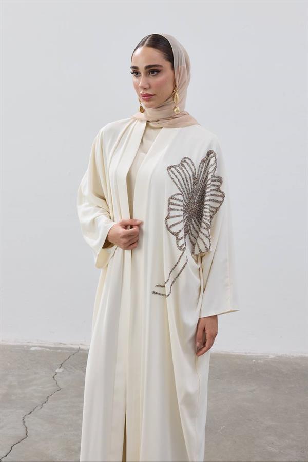 Flower Designed Premium Abaya Ecru