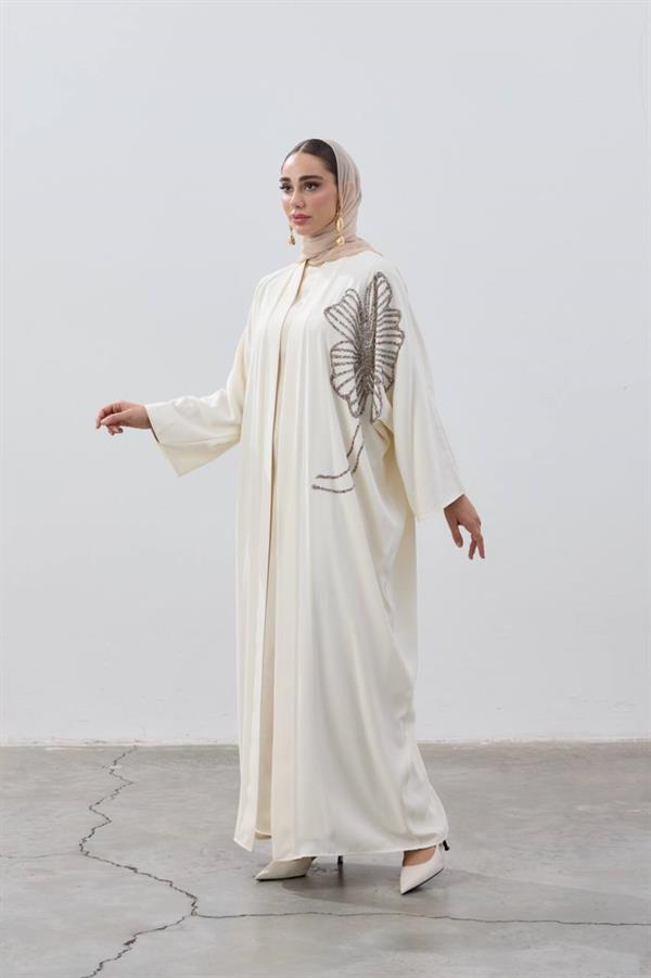 Flower Designed Premium Abaya Ecru