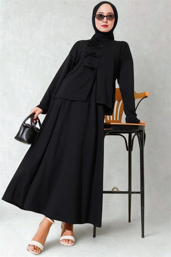 Loyşa Brit Buttoned Skirted 2 Piece Set Black