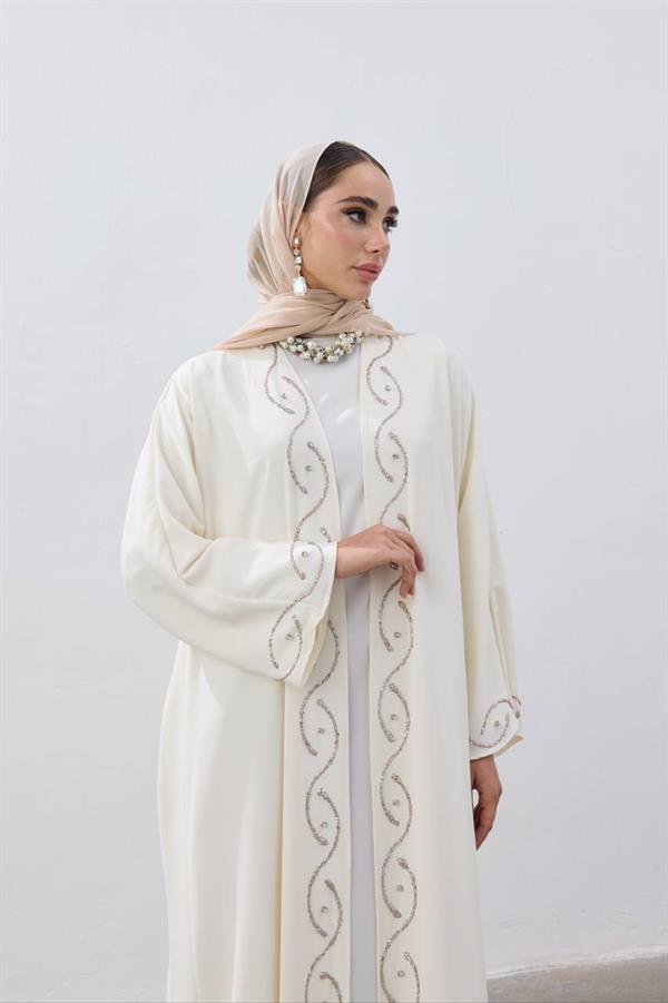 Stone Detailed Premium Abaya Ecru